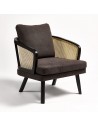 Black armchair with rattan and gray upholstery