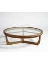 Three-legged round coffee table, natural oak and glass