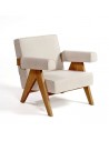 Fauteuil rembourré en pierre beige pied en bois naturel