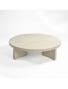 Round grayish white oak wood table.