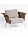 Outdoor armchair with synthetic rattan arm and upholstered cushion
