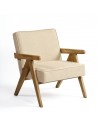Upholstered armchair in beige linen and natural oak