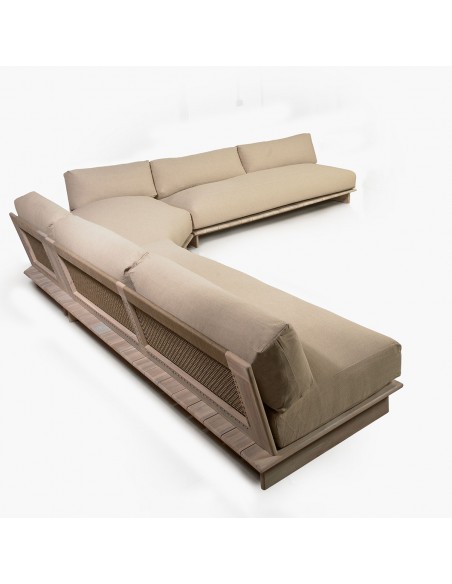 Sofá modular para exterior esquina cuerda y madera de teca blanqueada Foto: LANGE-sofa-modular-teca-cuerda