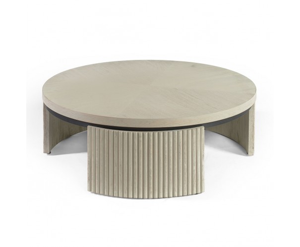 Mesa de centro redonda blanco grisáceo y metal negro pata alistonada Foto: SERENA-mesa-centro-roble-redonda-blanco-grisaceo-pata